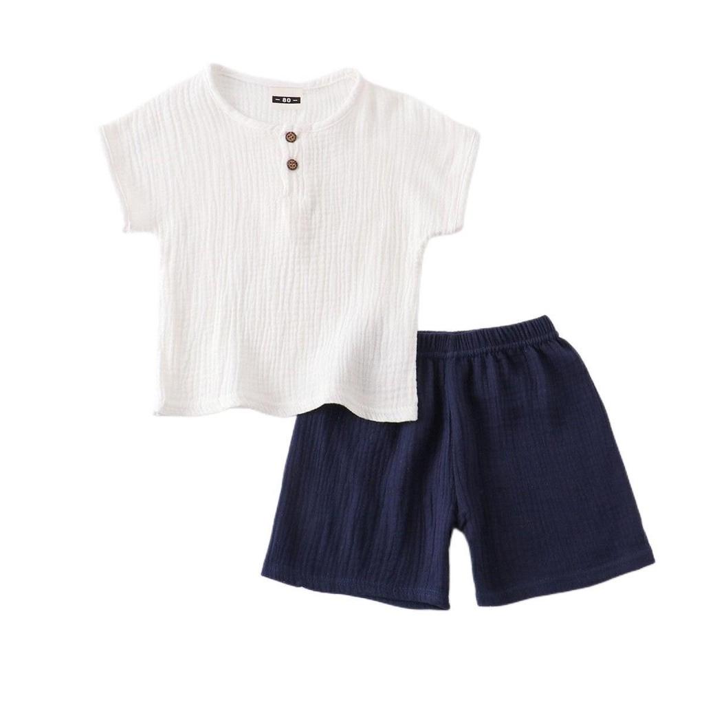 Kids' Cotton-Linen Summer Set: Short Sleeve Top & Shorts - Unisex Baby and Toddler Two-Piece Solid Color