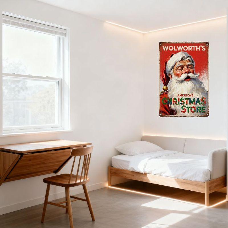 Vintage Wolworth’s America’s Christmas Store Metal Tin Sign, Rusty Rusted Retro Advertising Plaque with Santa Claus for Home Caf