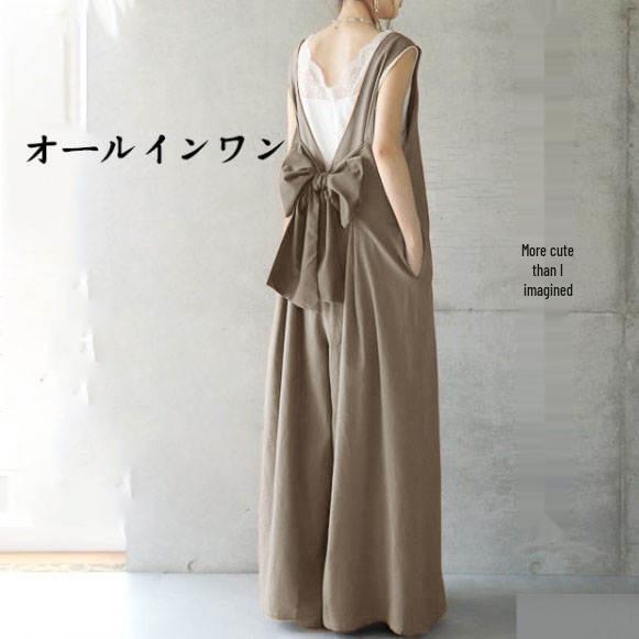 Women's Japanese Retro Bowknot Backless Jumpsuit - Loose, Wide Leg, Mature Style with Side Pockets