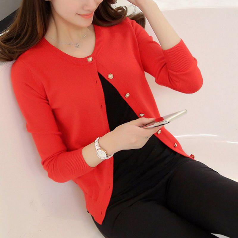 

Женский облегающий вязаный кардиган с круглым вырезом — легкий однотонный свитер для весны и осени One Size красный