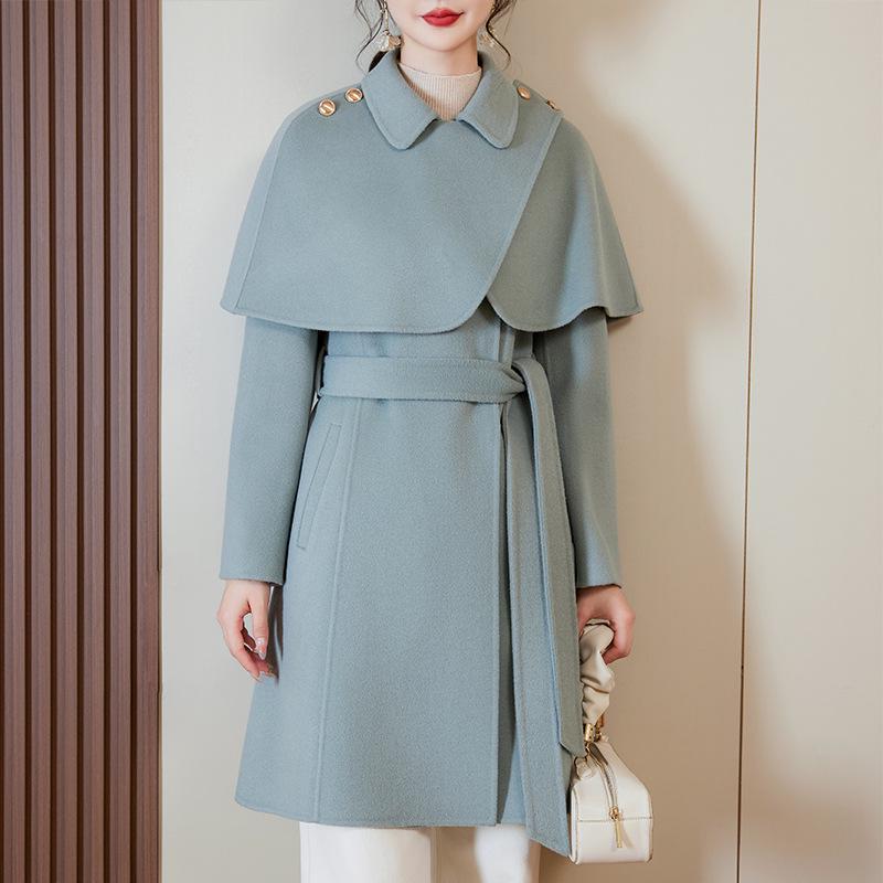 

Женское двустороннее шерстяное пальто-накидка в стиле Хепберн, весна 2025, средней длины, с поясом M for 101-113 pounds