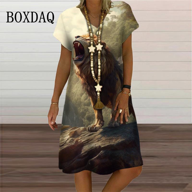 

Animal Graphic 3D Printed Short Sleeve Dress Women Lion Casual V-Neck Harajuku Funny Street Oversized Dress 2023 Female Clothing XL