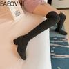 Mode Stretchstoff Lange Stiefel Damen Mode Slip On Blockabsatz Über dem Knie Hohe Stiefel Winterschuhe Damen Elegant Modern Stiefeletten