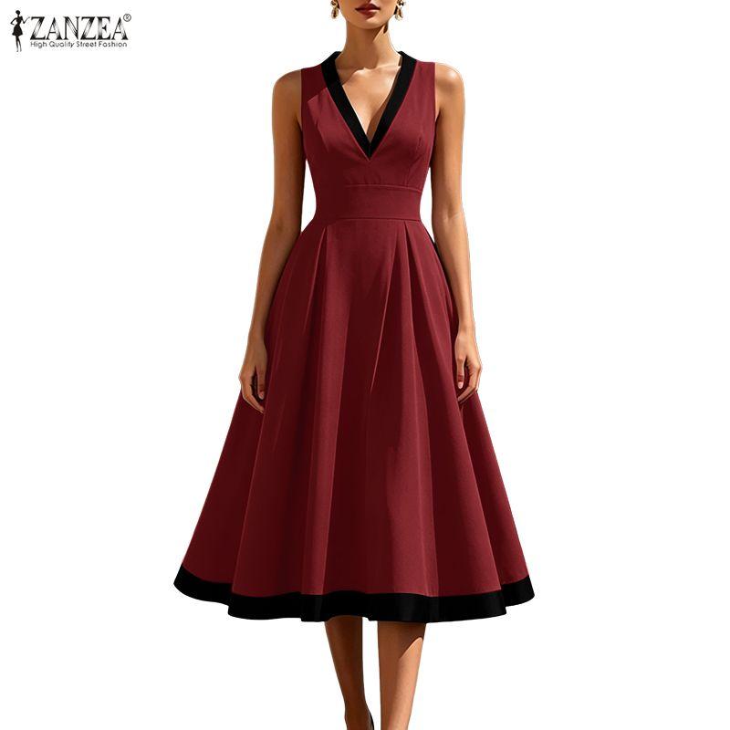 ZANZEA Women Casual V-Neck Elegant Sleeveless A-line Dress