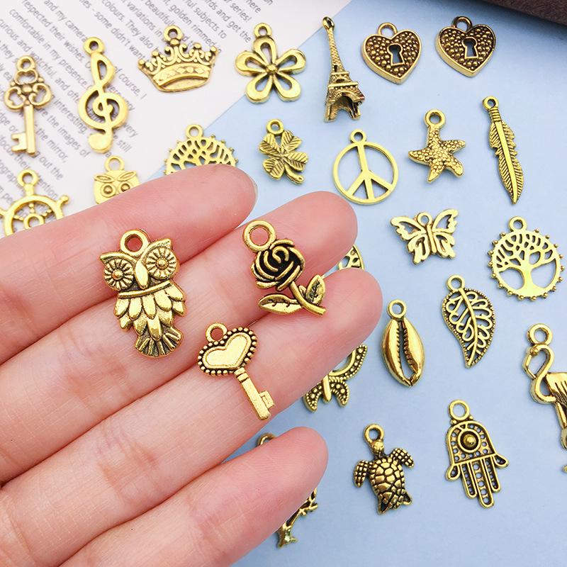 30 Mixed Antique Gold Crown Owl Alloy Pendants for DIY Vintage Retro Jewelry.
