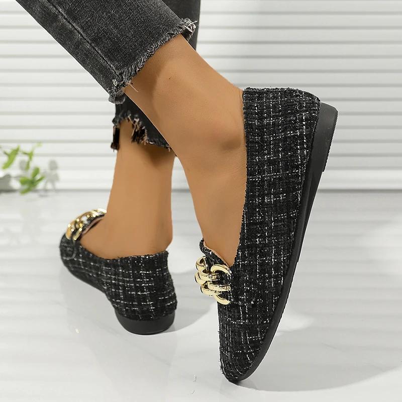 Modische Elegante Damen Slipper mit Metallketten-Dekor Weiche Sohle Bequeme Arbeitsschuhe Frau Leicht Lässige Schwarze Loafer