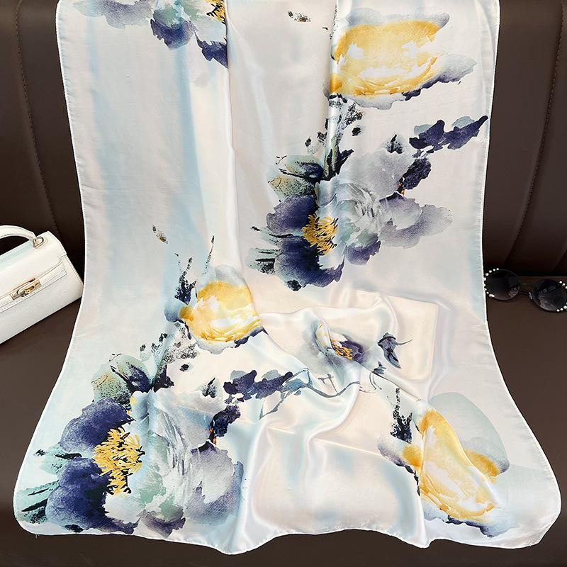 Ink and Wash Danqing High-grade Silk Scarf, Sunscreen Extended Printing Imitation Silk Scarf, Women's Long Silk Scarf, Beach Scarf