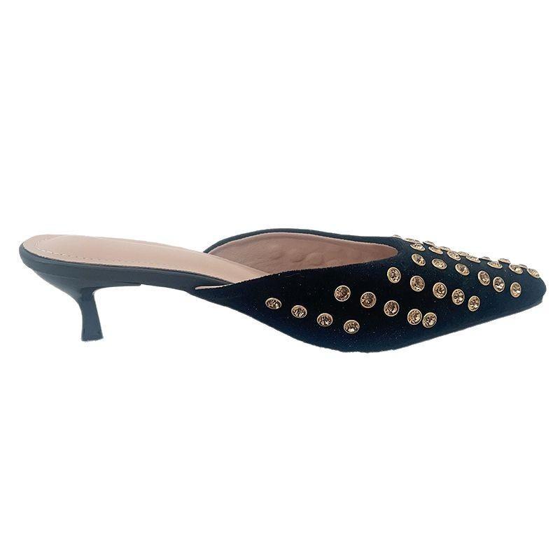 Summer New Rhinestone Pointed Thick Heel Sandals Women's Non-slip Soft-soled Breathable Versatile Bag Head Shoes