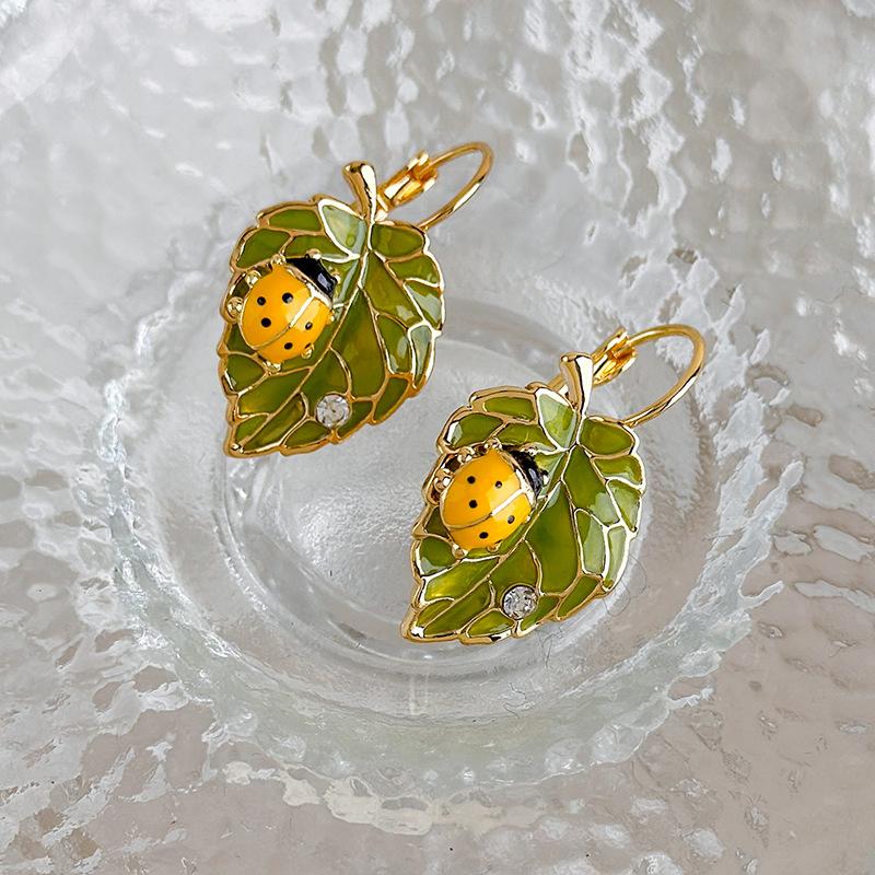 

Korean Fashion Gold Plated Metal Dangle Earrings For Women Enamel Leaf Ladybug Rhinestone Wholesale Party Holiday Jewelry