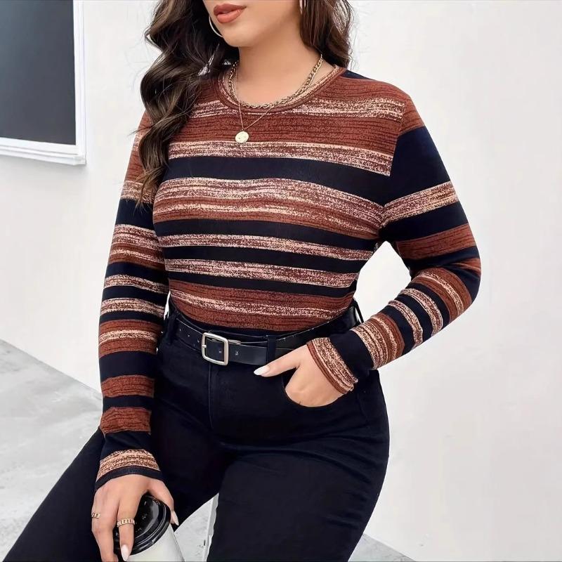 Women S Plus Size Long Sleeve Crew Neck Striped T Shirt Casual Spring Autumn