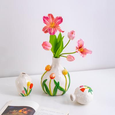 Keramikvase, geprägte Tulpe, buntes Blumenmuster, Blumenvase, Blumenarrangement-Zubehör, Heimdekorationszubehör