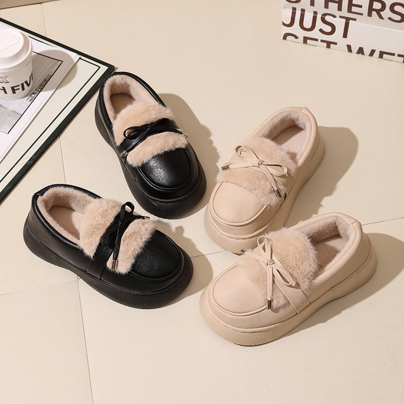Women's fashion versatile bow with cotton shoes outside, retro plush winter warm and lightweight bag and slippers