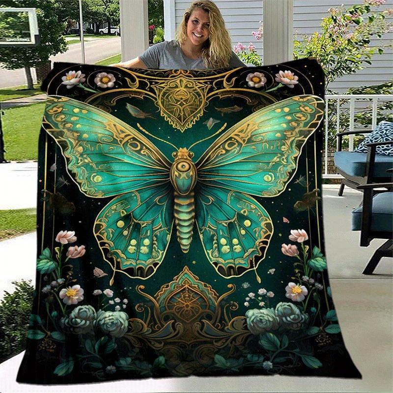 1pc Green Butterfly Printing Lightweight Flannel Blanket, Comfortable and Warm Blanket, for Camping Sofa Bed and Couch Office, Gift