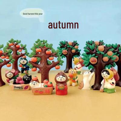 ZAKKA Autumn Harvest Cat Ornament - Japanese Style Persimmon Bonsai Resin Decoration
