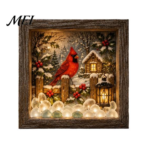 Wooden Landscape Ornament Christmas Snowy Night Light Picture Frame, Vintage Frame 3D Mini Lighted Shadow Box Lamp, Desktop Atmosphere Decor