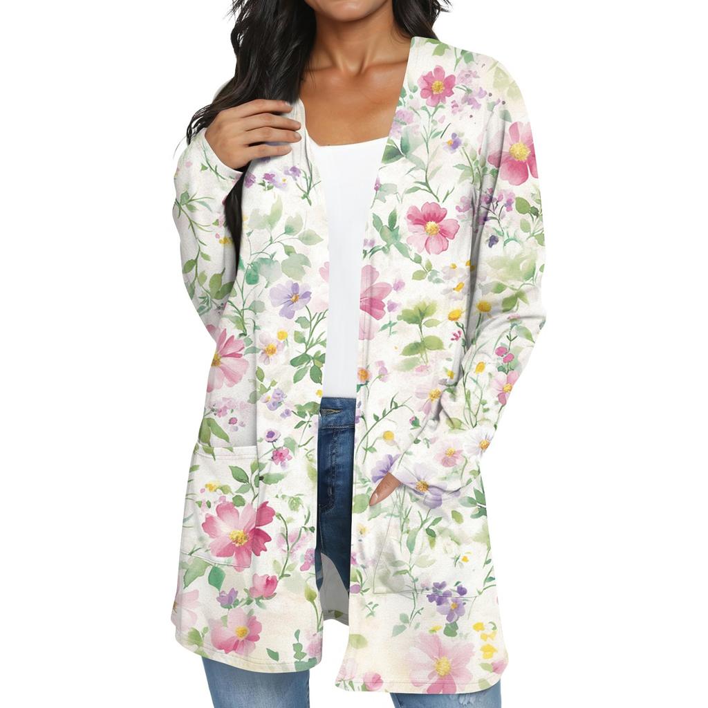 Women's Fashion Casual Retro Floral Print Mid-Length Cardigan Jacket