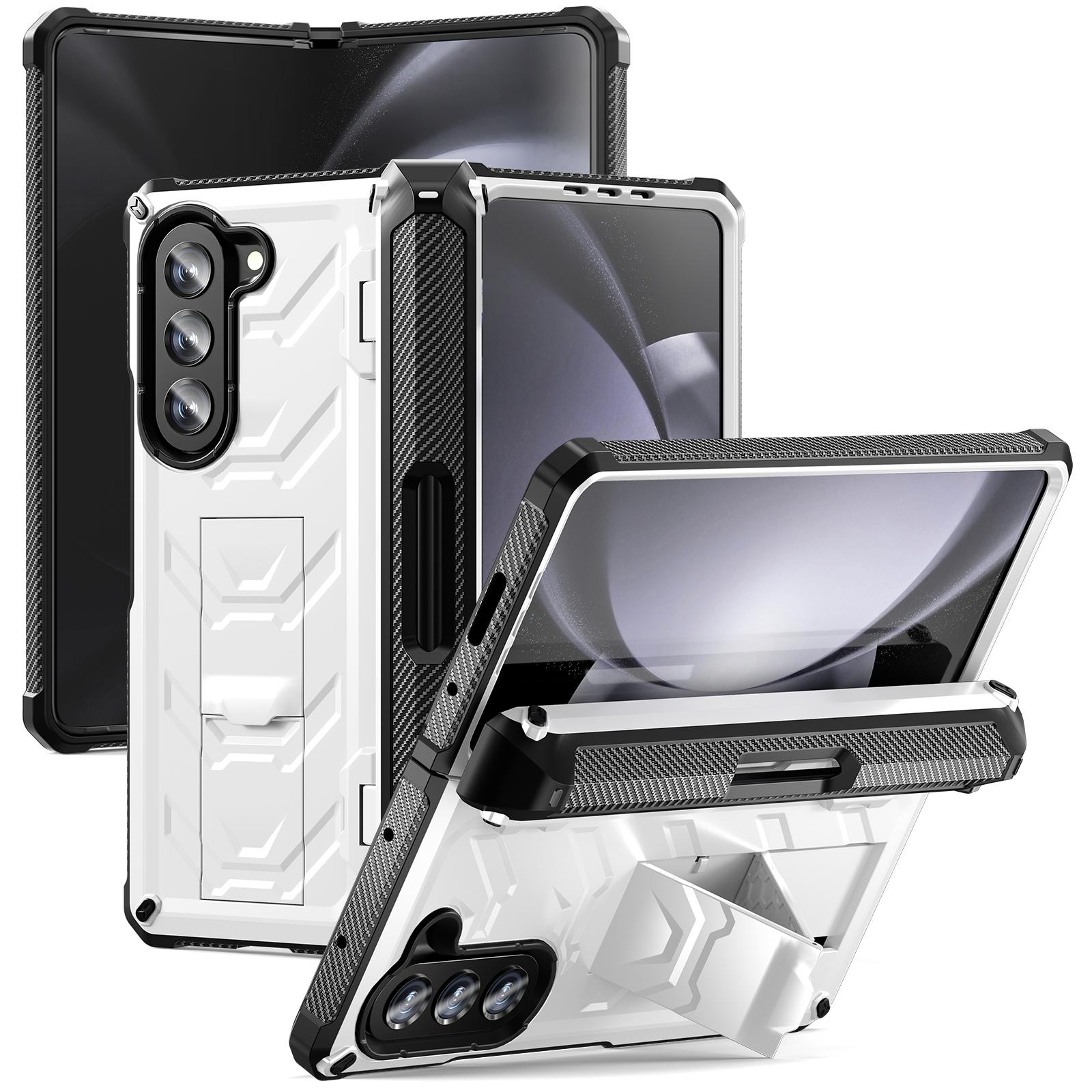 

For Samsung Galaxy Z Fold5 5G Rugged Series Kickstand Phone Case Anti-drop TPU+PC Hybrid Cover with Pen Holder Hinge White