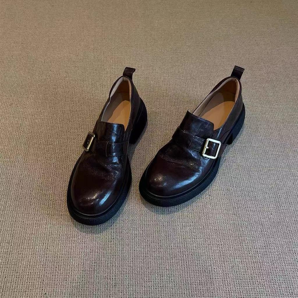Thick-soled one-pedal belt buckle loafers British style not tired feet small leather shoes single shoes