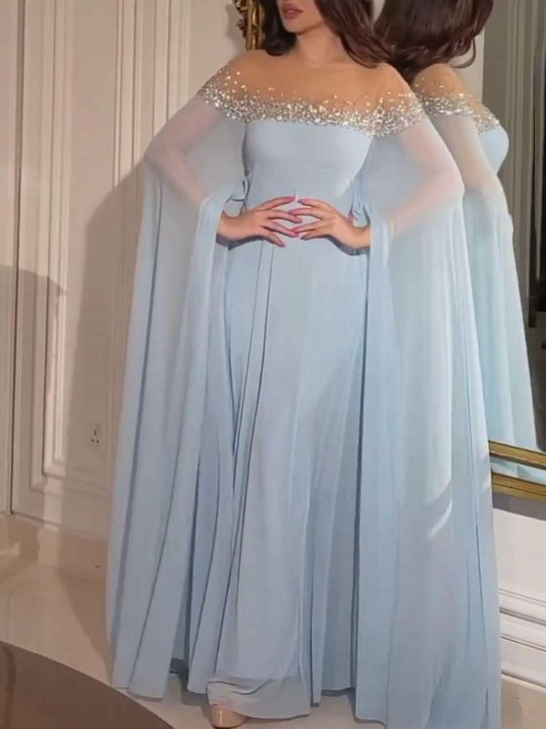 2023 Spring Summer Elegant High Waist Chiffon Evening Gown with Pearls