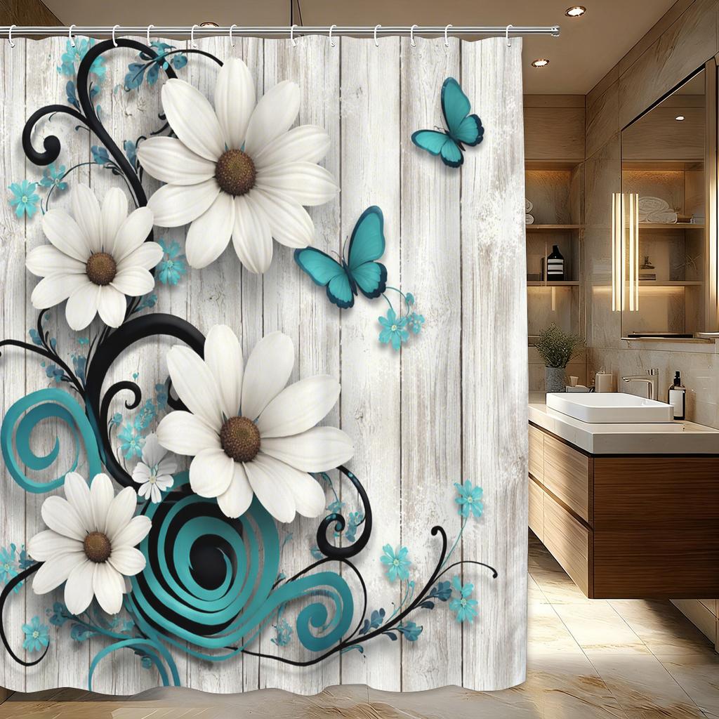 Floral & Cross Themed Polyester Shower Curtain - Artistic Bathroom Decor, Stylized Bath Curtain For Home Restroom