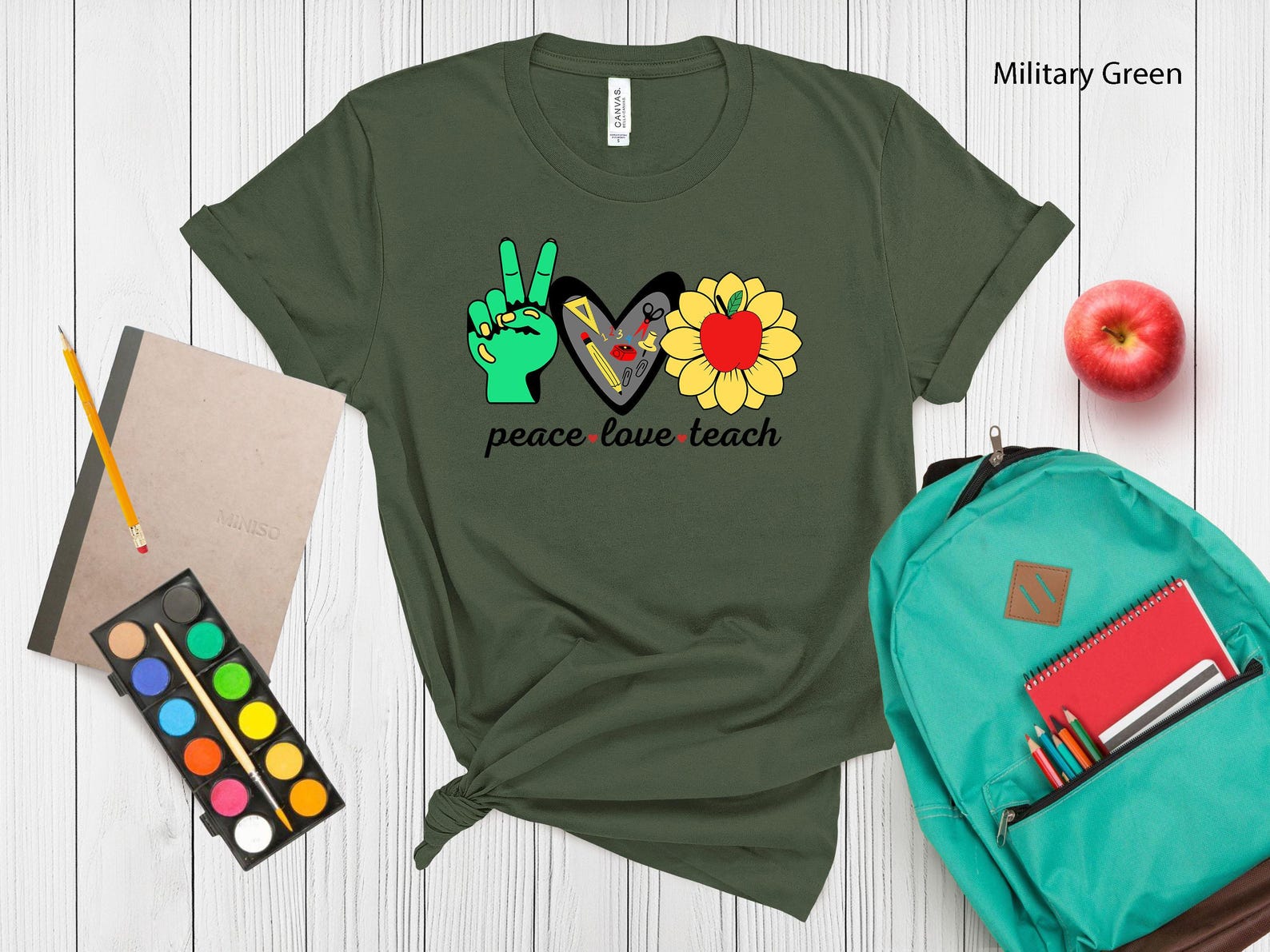 Peace Love Teach T-Shirt | Teacher Gift, Classroom Tee XL