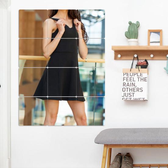 12Pcs Wall Mirror Tiles Square Sticky Shatterproof Self-adhesive Removable Dressing Glass Wall Mounted Full Length Mirror for Daily Use