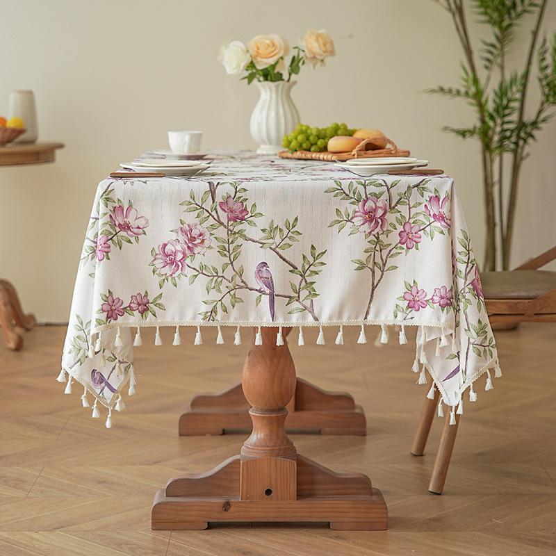 

1pcs Nordic Wind Style Tassel Flower and Bird Printed Tablecloth Imitation Linen Fabric Home Living Room Decoration Rectangular Dust Cover Cloths 135*100cm 1pcs