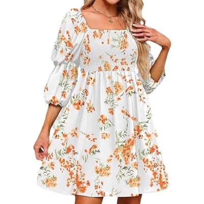 Rochie de vară cu jumătate de mânecă bufantă în formă de A pentru femei, la modă, cu gât pătrat, cu talie elastică, rochie de plajă, dulce, lejer, imprimeu, rochii scurte florale 26161