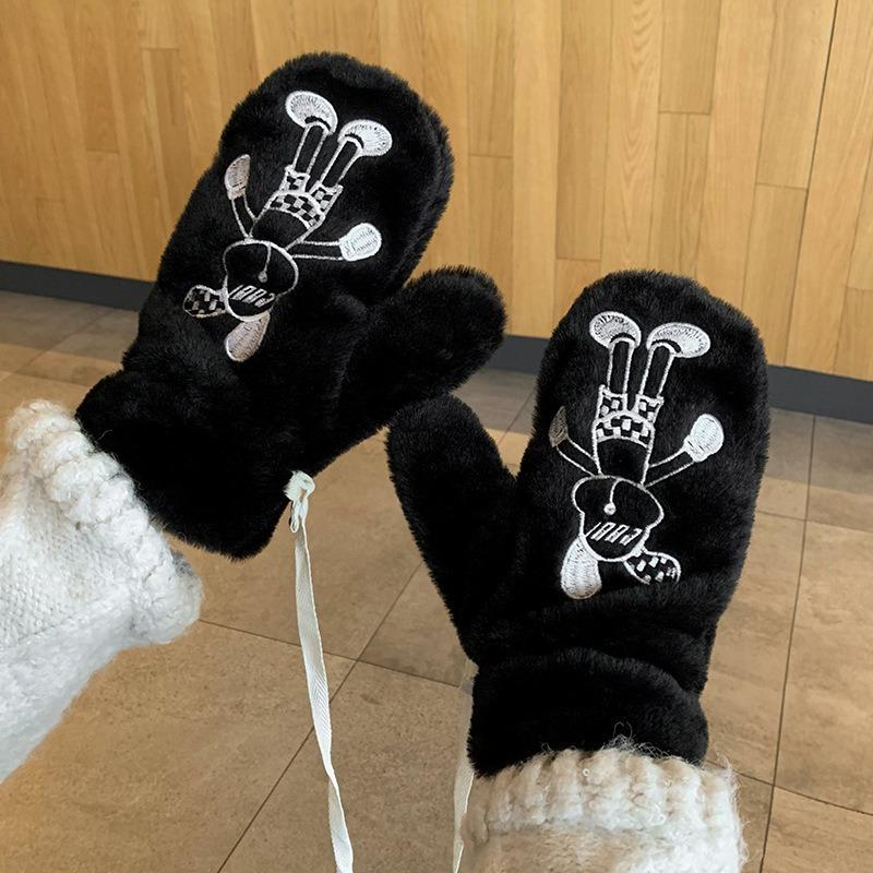Cute plush gloves for women, warm in autumn and winter, plush hanging neck, white even finger outdoor riding student