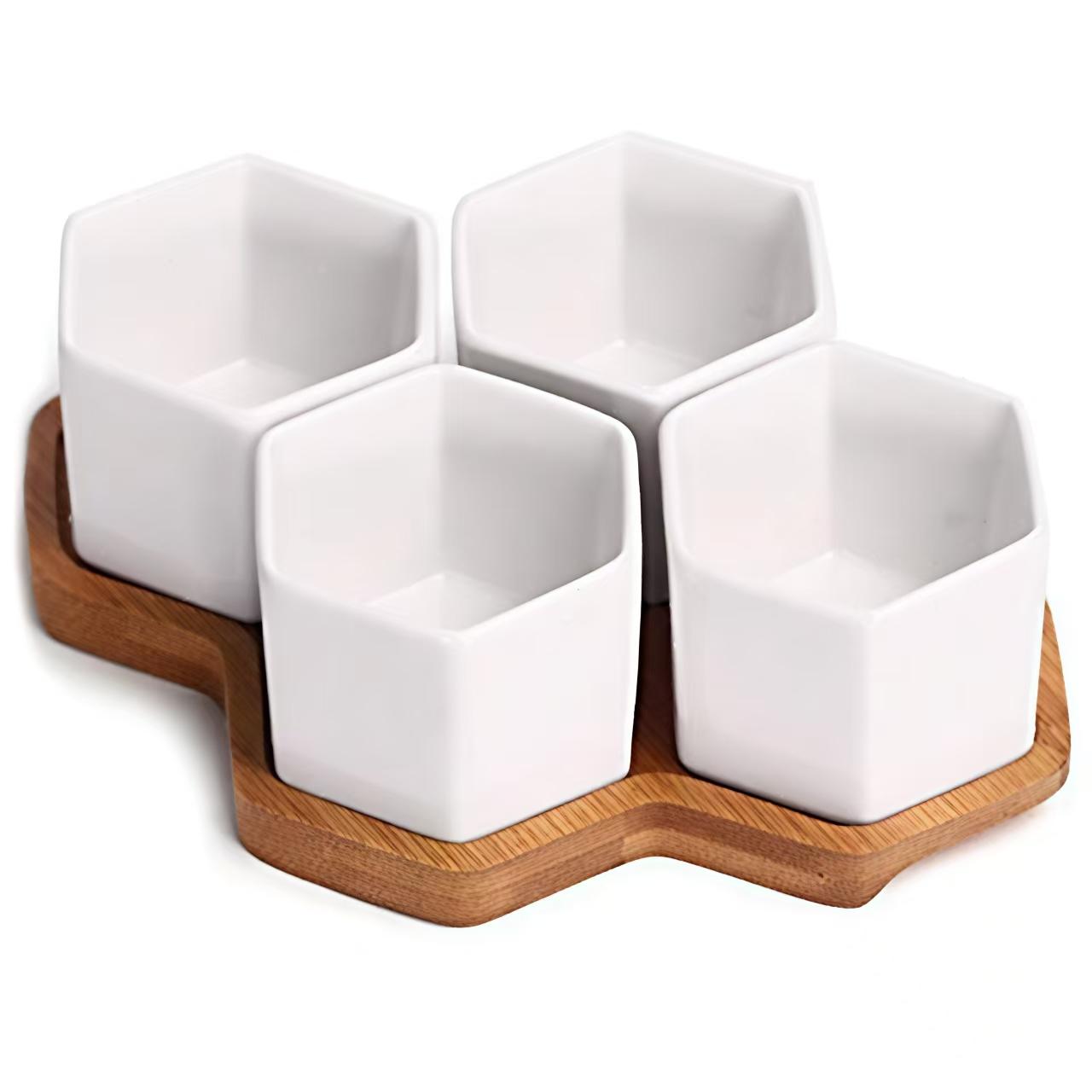 

Pack of 4 Pots, Modern White Ceramic Small Hexagon Succulent Cactus Flower Plant Pot with Bamboo Tray for Home Office Decor