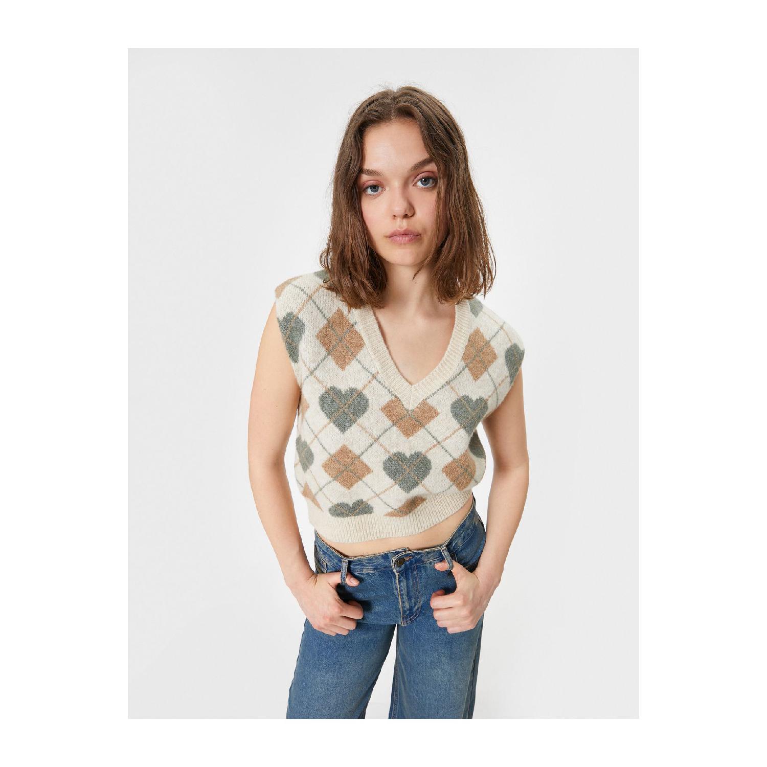 

Трикотажний светр з V-подібним вирізом жаккард без рукавів XS екрю