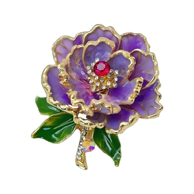 Яркая брошь-булавка в виде цветка пиона для женщин с эмалью и жемчугом, портативная для особых случаев фиолетовый
