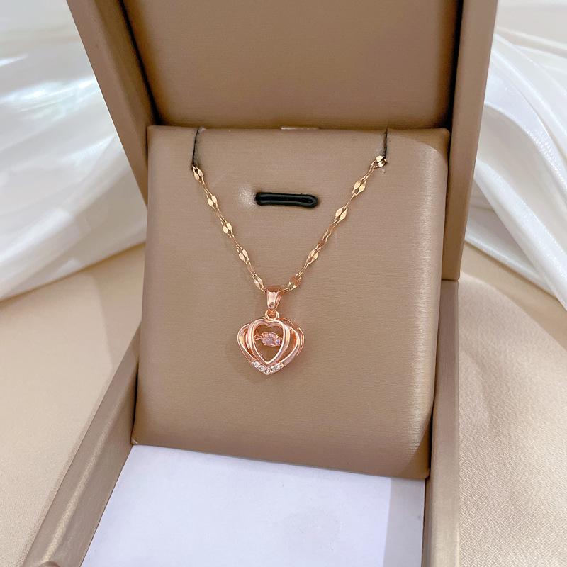 Double-Layer Love Smart Light Luxury Temperament Gorgeous Full Diamond Necklace Women'S Versatile Collarbone Chain Titanium Steel Chain