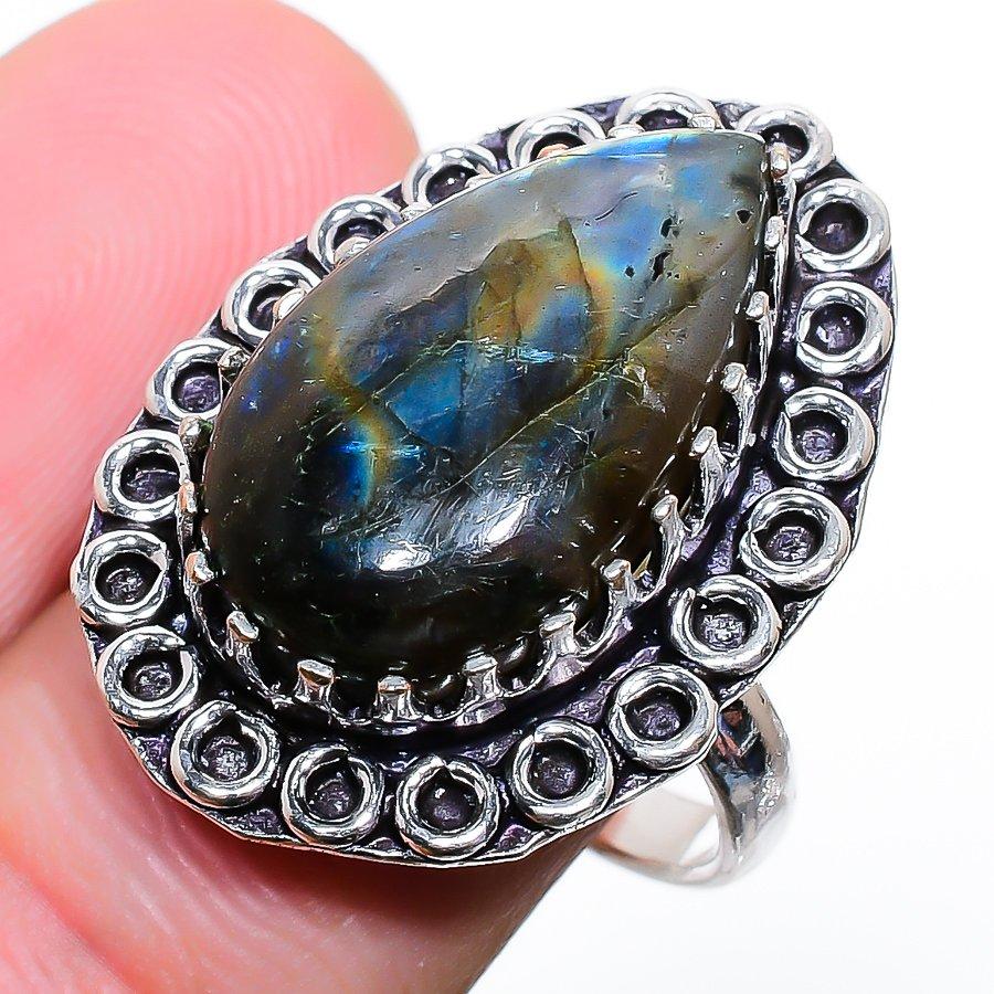 Labradorit Edelstein Handgefertigter 925 Sterling Silber Schmuck Ring Größe 7