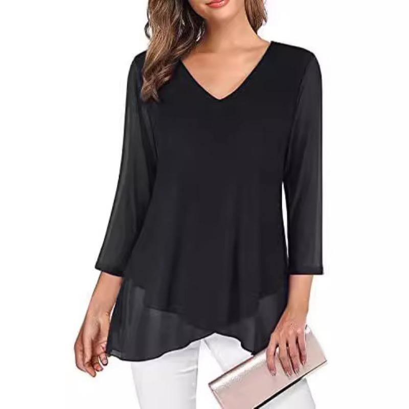 Summer Loose Seven-quarter-sleeved Chiffon Blouse Women V Neck Loose Plus Size Irregular Shirt Fashion Elegant Printed Female Top Mesh Clothing 3276