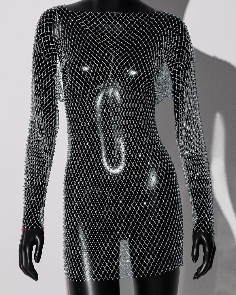 Damen Strass Fischnetz Rückenfreies Langarm Sexy Überwurfkleid