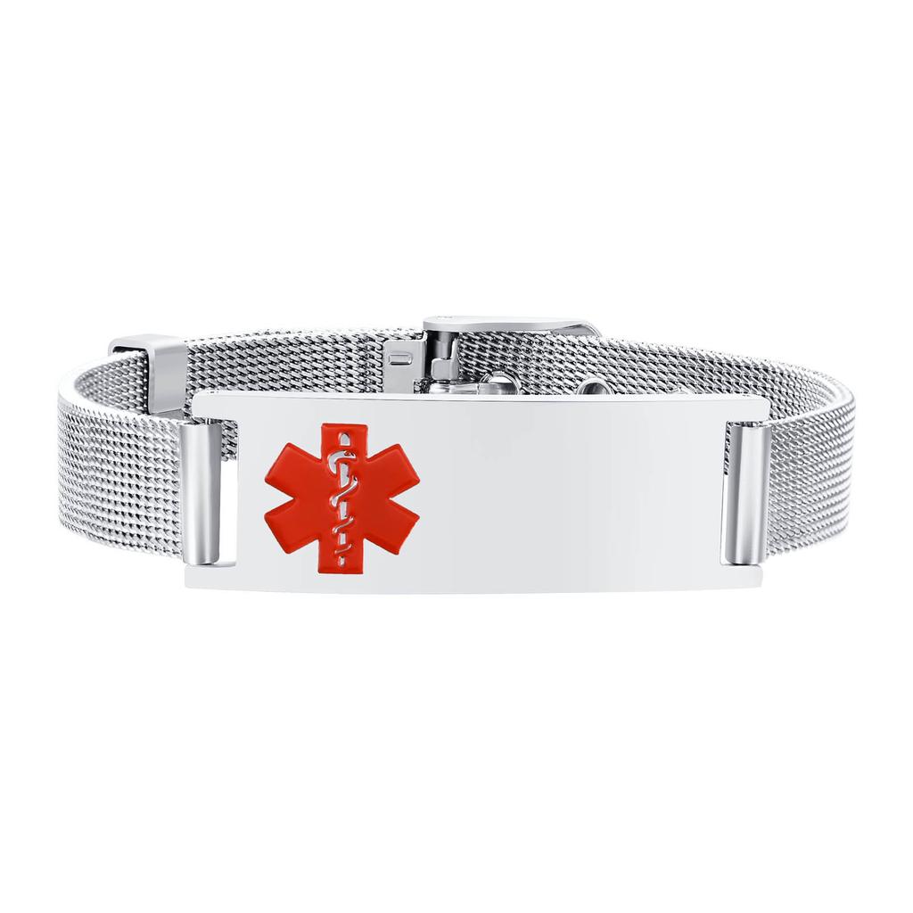 Free Personalized Medical Alert ID Bracelets for Men, Waterproof 10mm/16mm Wide Stainless Steel Mesh Band Wristband ICE Jewelry