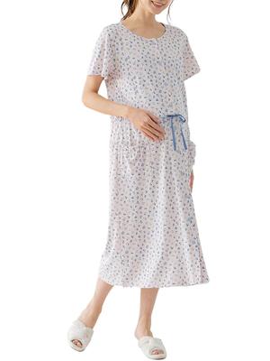Maternity Nursing Open Floral Short Maternity Hospital M Pink [ANGELIEBE] Pajamas, Clothes, Front, Jersey, Pattern, Sleeves, Nightgown, Prenatal,