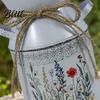 Indoor Decorative Flower Pot Vintage Iron Bucket Rustic White Double-Handle Metal Vase with Floral Print & Jute Handmade Hemp Rope Bow Farmhouse