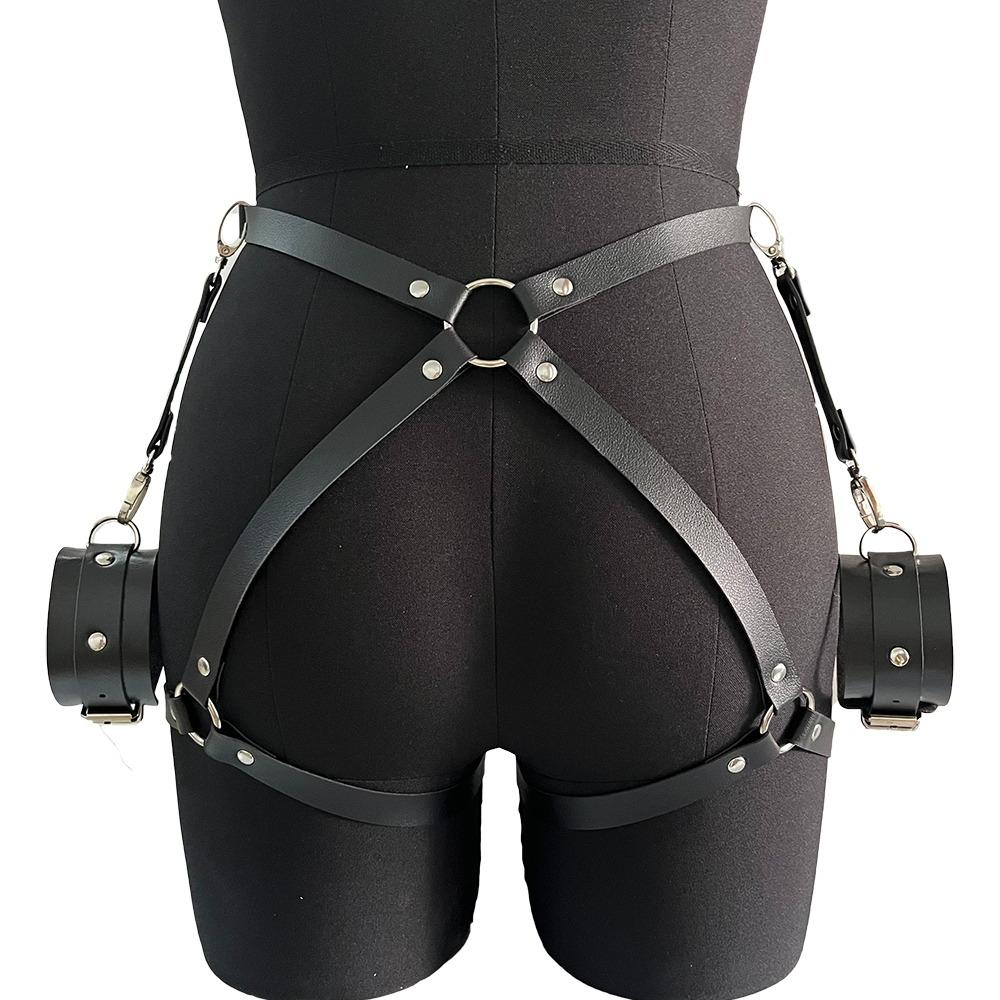 Women'S Sexy Leg Harness Belt Pu Leather Erotic Leg Harness Bdsm Bondage With Handcuffs Belt Fetish Sex Toy Accessory