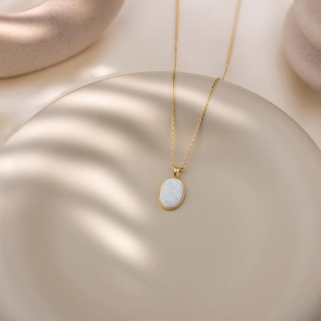14 Karat Gold Weiße Sterling Opal Halskette, Minimalistische Edelstein Statement Halskette, zierliche Layering Halskette, Sterling Silber Oval Opal Anhänger