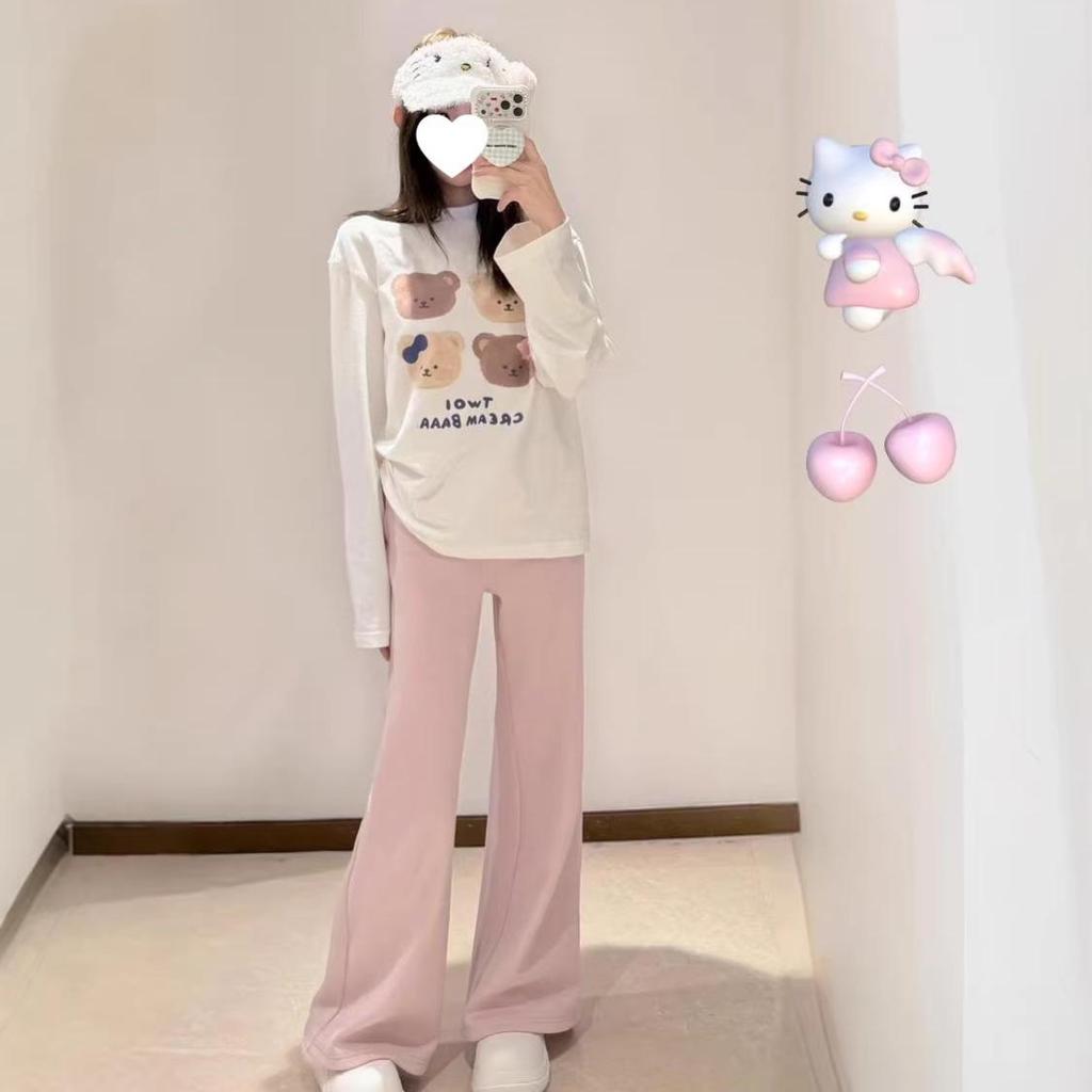 American High Street Women's Cat Print Long Sleeve T-shirt - Spring/Autumn Casual Pure Cotton Base Layer