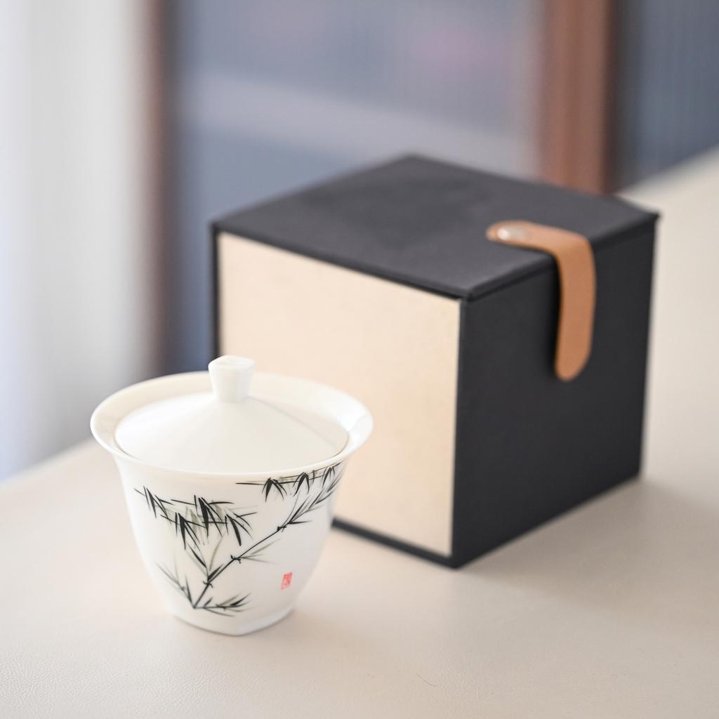 White Porcelain Cover Bowl, Single Large, High-End Tea, Ercai Cover Bowl, Hand-Painted Ink Bamboo Text Kung Fu Tea Cup, Hand-Grasping Bowl