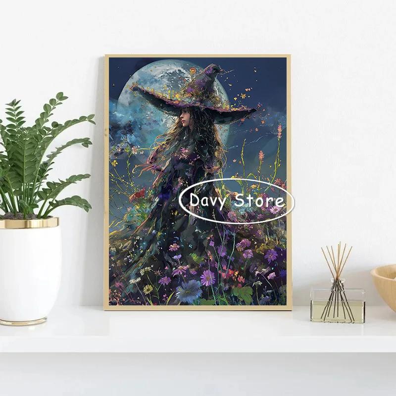 Witches Magic Mystical Print Posters Halloween Moon Witch Flowers Canvas Paintings Wall Art Picture for  Living Room Home Decor