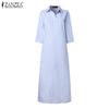 ZANZEA Women Casual Turn Down Collar Loose Short Sleeve Stripe Shirt Dress