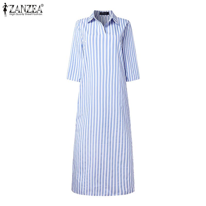 ZANZEA Women Casual Turn Down Collar Loose Short Sleeve Stripe Shirt Dress