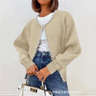 Women S Autumn Winter Pearl Trim Long Sleeve Cardigan Coat