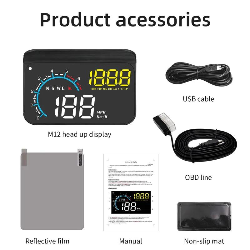 M12 Head Up Display Windshield Projector Electronic Car OBD2 GPS HUD Auto Speedometer Compass Fuel Consumption Voltage Temp