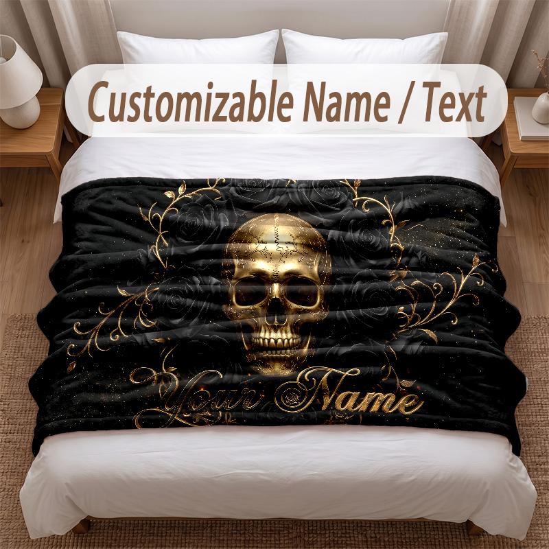 Skull Gothic Theme Soft Blanket Personalized Custom Name Text Print Warm Blanket Home Sofa Bedroom Decor