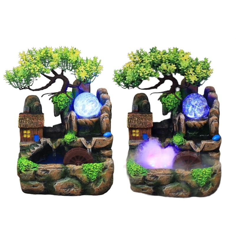 Indoor Resins Rockery Waterfall Fountains with Atomizer and LED Lighting Great for Home and Office Desktop Decoration